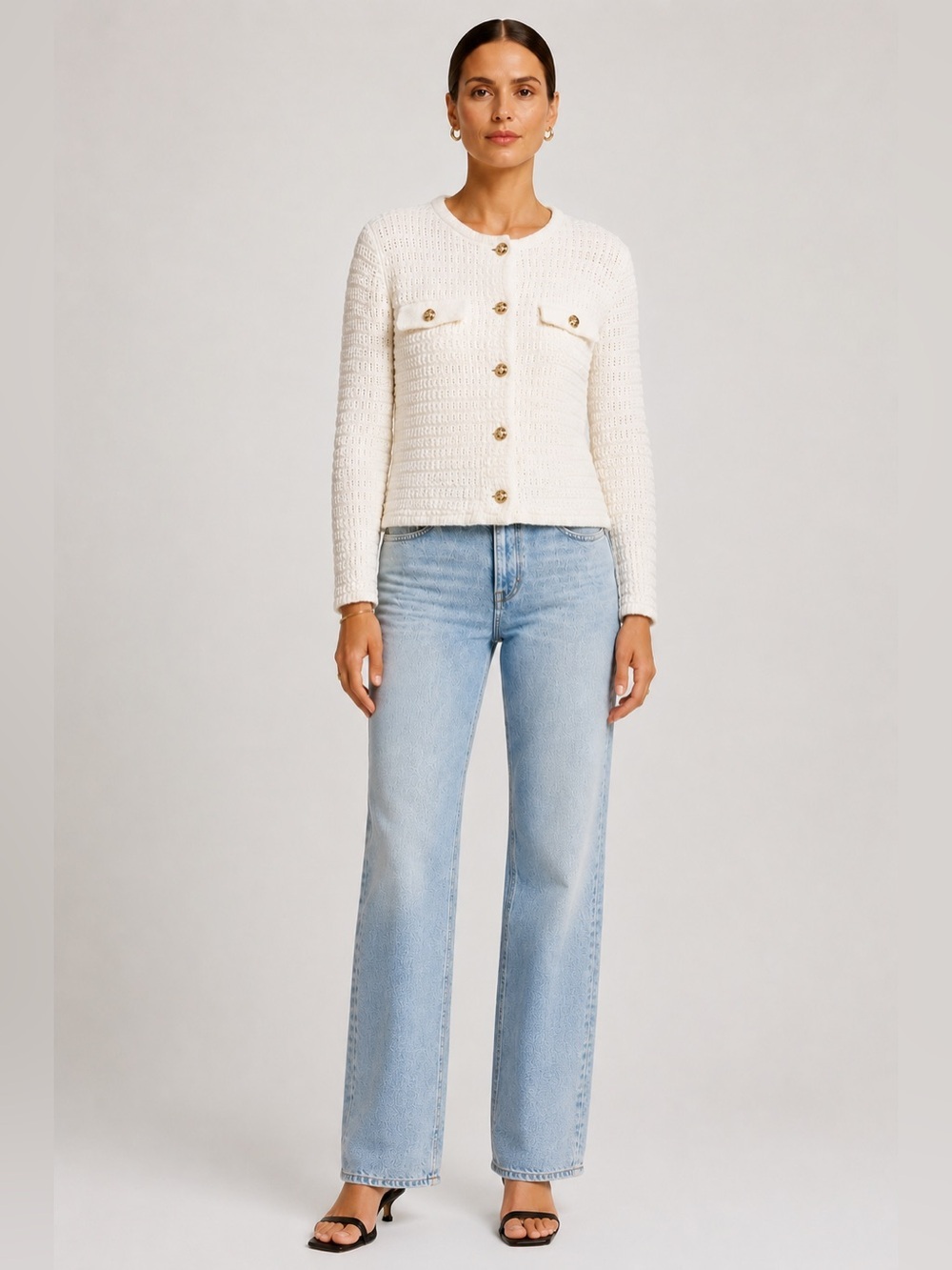 Ann Taylor Cream Ivory textured cardigan lady jacket sweater gold button. XL